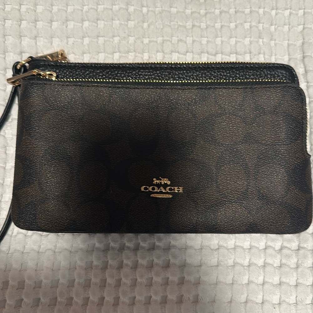 New Coach Wallets double zip around gold hardware credit card slots wristlet